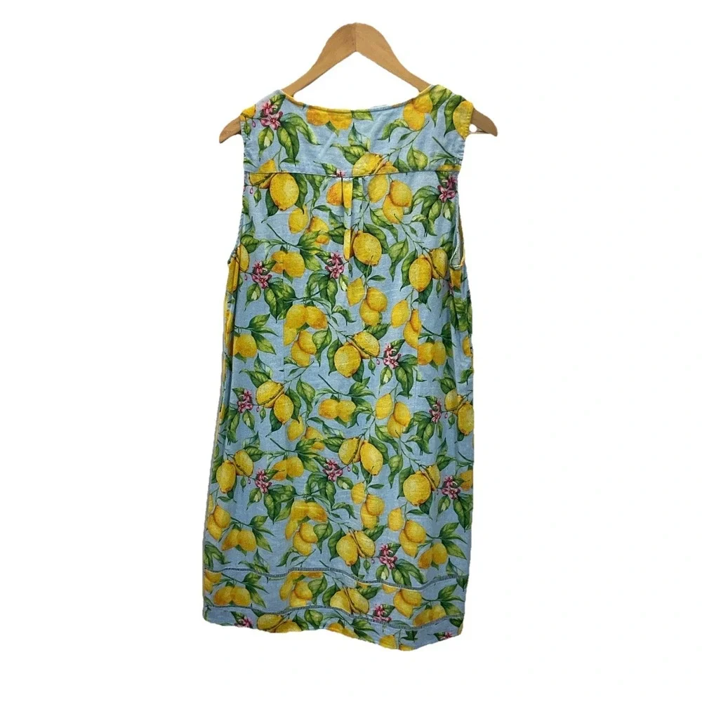 FOR CYNTHIA Lemon Print Lace Linen‎ Blend Sleeveless Dress Size L Resort Travel